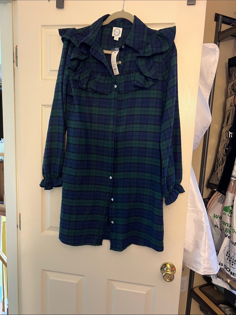 Francesca's Navy and Green Plaid Button-Up with Ruffle Accents